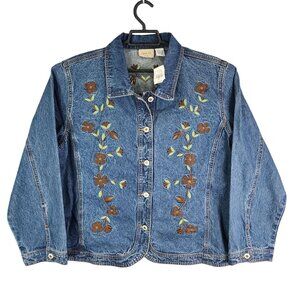 Womens Crystal Kobe Denim Blue Jean Jacket Embroidered Flower Button Down XL